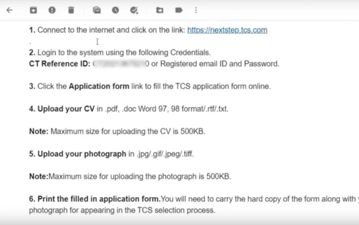 TCS NQT Registration Confirmation mail