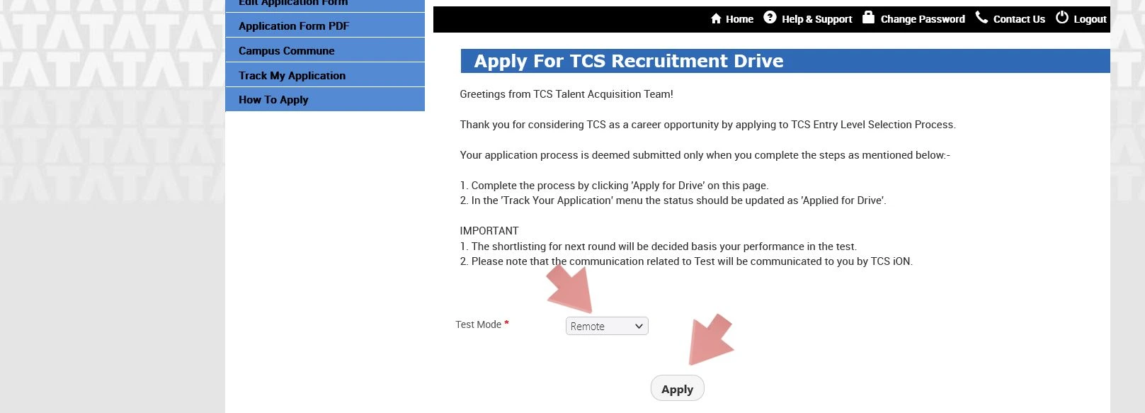 Steps to apply for TCS ITP